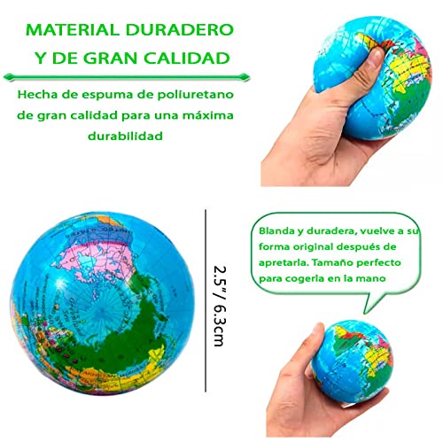 Tradineur – Pack de 4 Pelotas antiestrés, diseño del Mundo, Poliuretano Blando, Bola calmante para aliviar el estrés, Planeta Tierra, Regalo Original, Ø 6,3 cm – cantidad a Elegir