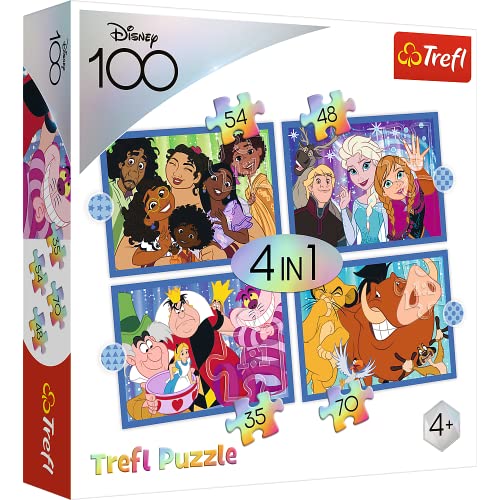 Trefl 4en1, 4 Rompecabezas, 35 a 70 Piezas-Encanto, Frozen, Alicia en el País de Las Maravillas, el Rey León, para Niños a Partir de 4 Años Puzzle, color feliz disney world (34618)