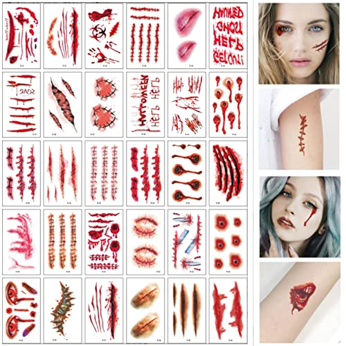 Tuofang 30 Hojas Tatuajes Temporales de Cicatriz Sangrienta de Halloween, Halloween Cicatrices Heridas Tatuajes, Decoración de Cosplay de Zombis y Pegatinas para el Partido de Halloween Prop (B)