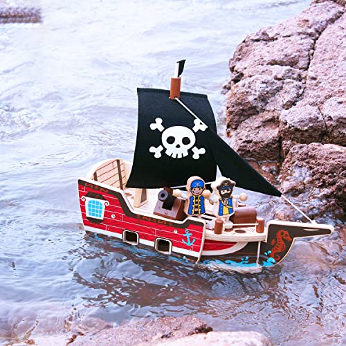 UDEAS Barco pirata de madera juguete pirata colección pirata barco pirata personajes divertidos bandera pirata calavera pirata fácil de montar juguetes para niños