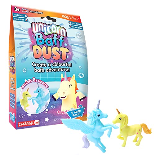 Unicornio Baff Dust 2 Bath Pack y 2 x Zimpli Kids Figuritas Unicornio, Jabón de Baño para Niños, Hidratante Piel Seca, Juguete de Baño de Bolsillo, Bomba de Baño en Polvo Efervescente