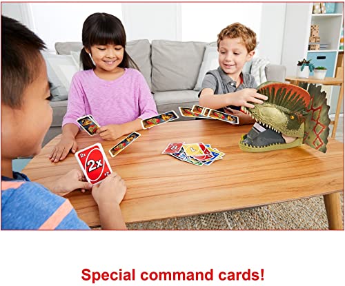 UNO Attack Jurassic World Dominion juego de cartas con lanzador de cartas de dinosaurio para 2 a 10 jugadores a partir de 7 años, regalo de juguete y coleccionable