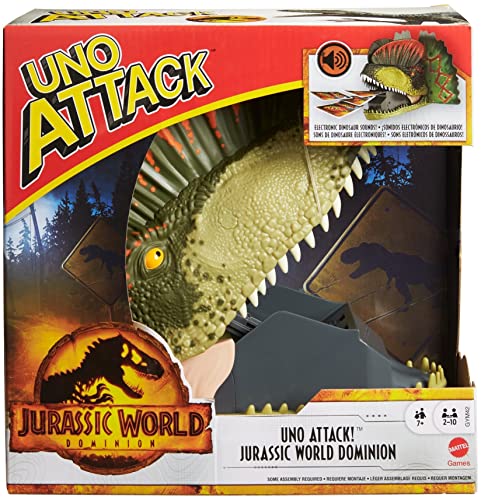 UNO Attack Jurassic World Dominion juego de cartas con lanzador de cartas de dinosaurio para 2 a 10 jugadores a partir de 7 años, regalo de juguete y coleccionable