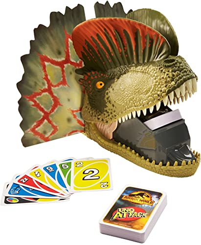 UNO Attack Jurassic World Dominion juego de cartas con lanzador de cartas de dinosaurio para 2 a 10 jugadores a partir de 7 años, regalo de juguete y coleccionable