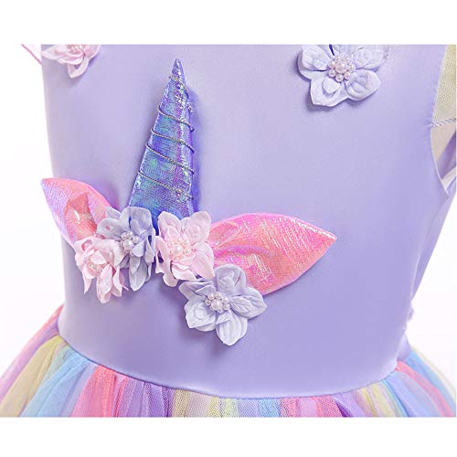 URAQT Disfraz Unicornio Niña, 3pcs Disfraz Princesa Niña con Vestidos Unicornio Niña, Diadema y Collar, Disfraz Niña para Diario o Cosplay, Disfraz Halloween Niña para Carnaval Fiesta Boda, 130cm