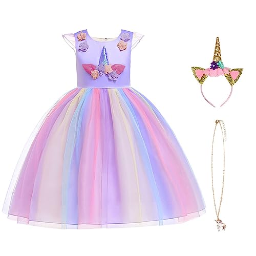 URAQT Disfraz Unicornio Niña, 3pcs Disfraz Princesa Niña con Vestidos Unicornio Niña, Diadema y Collar, Disfraz Niña para Diario o Cosplay, Disfraz Halloween Niña para Carnaval Fiesta Boda, 130cm