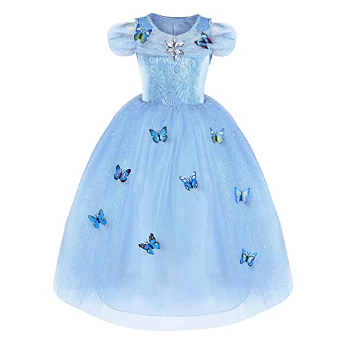 URAQT Vestido de Cenicienta, Disfraz de Princesa Cenicienta con Mariposa, Vestido de Princesa para Nñas, Elegante Vestido de Tul para Boda, Fiesta, para 3-8 años