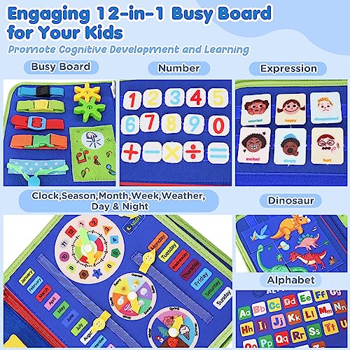 URMYWO Busy Board para niños pequeños, Montessori Toy Busy Book Actividades de Aprendizaje Preescolar con Alfabeto Número, Animal Travel Toy Regalos para avión Coche Habilidades motoras Azul