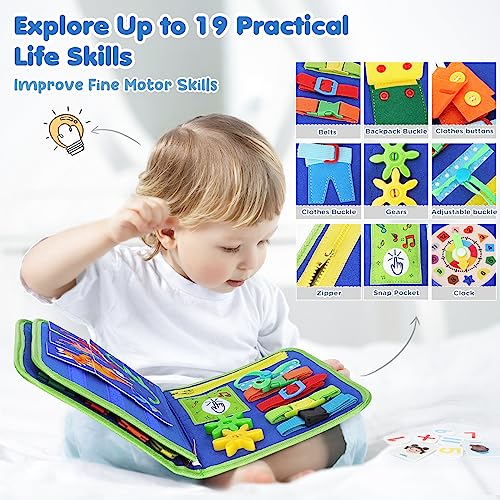 URMYWO Busy Board para niños pequeños, Montessori Toy Busy Book Actividades de Aprendizaje Preescolar con Alfabeto Número, Animal Travel Toy Regalos para avión Coche Habilidades motoras Azul