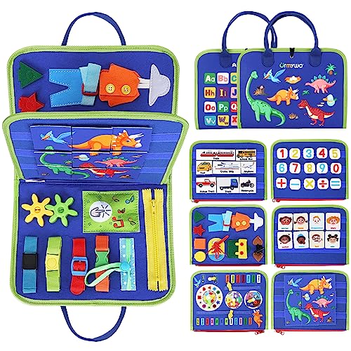 URMYWO Busy Board para niños pequeños, Montessori Toy Busy Book Actividades de Aprendizaje Preescolar con Alfabeto Número, Animal Travel Toy Regalos para avión Coche Habilidades motoras Azul