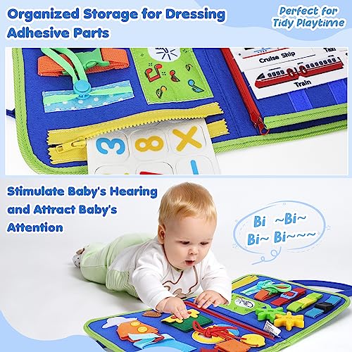 URMYWO Busy Board para niños pequeños, Montessori Toy Busy Book Actividades de Aprendizaje Preescolar con Alfabeto Número, Animal Travel Toy Regalos para avión Coche Habilidades motoras Azul