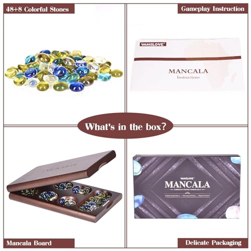 VAMSLOVE Juego de mesa Mancala de madera para 2 jugadores con 48 + 8 piedras de vidrio multicolor extra (instrucciones incluidas)