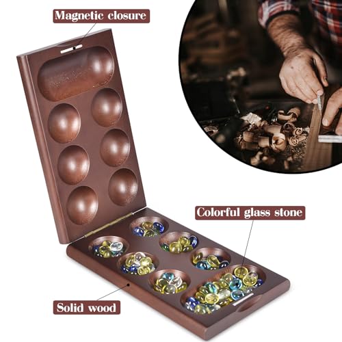 VAMSLOVE Juego de mesa Mancala de madera para 2 jugadores con 48 + 8 piedras de vidrio multicolor extra (instrucciones incluidas)