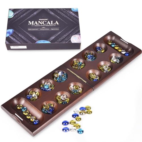 VAMSLOVE Juego de mesa Mancala de madera para 2 jugadores con 48 + 8 piedras de vidrio multicolor extra (instrucciones incluidas)