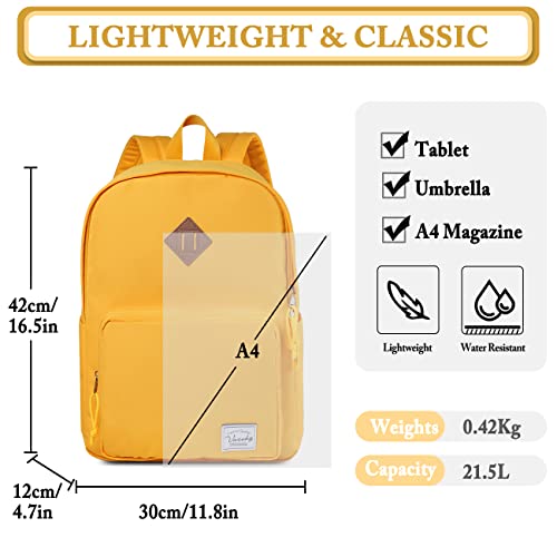 VASCHY Mochila Escolar Unisex, Mochila Escolar para Adolescentes Ultraligero Mochila Portátil de 15.6 pulgadas para Adolescentes Adultos Resistente al Agua Mochila Universidad, amarillo, Clásico