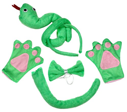 Vert serpent Bandeau Noeud Papillon Queue Gants Lot de 4 enfants Costume d'Anniversaire ou fête - vert - Taille Unique