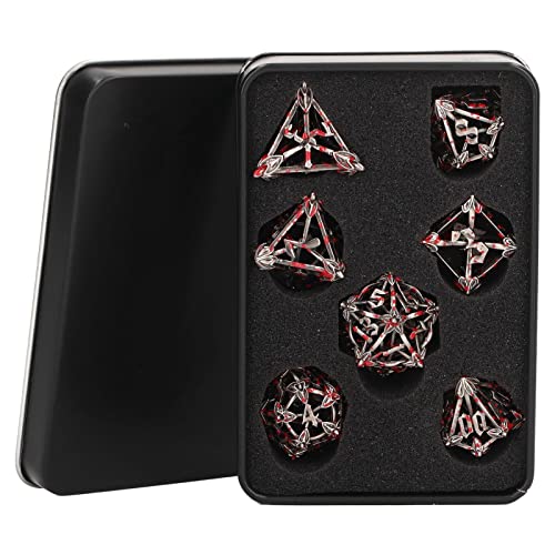 VGEBY Juego de Dados Poliédricos de 7 Piezas, Juego de Dados de Metal Hueco de Alta Resistencia con Caja de Almacenamiento para Juegos de rol de Mesa (Gris Rojo)