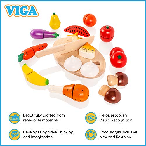 VIGAtoys Lebensmittel-Schneide-Set aus Holz Viga-Juego de Cortador de Alimentos de Madera, Multicolor Toys 77438