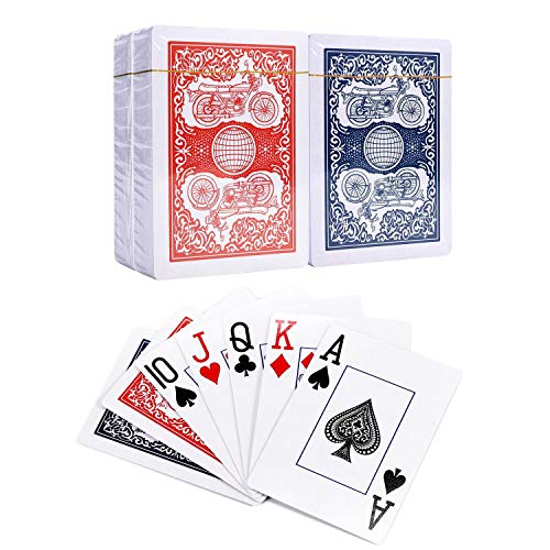 Vinsani Tarjetas de juego de moto, índice estándar de tamaño póker, 4 mazos de cartas (2 rojas y 2 azules), para blackjack, Euchre, Canasta, juego de cartas Pinochle, grado de casino