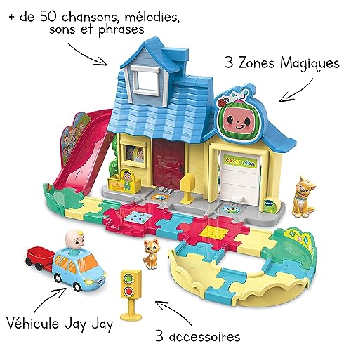 VTech – Tut Tut Bolides CoComelon, la casa de sorpresas de Jay Jay con coche de canciones, circuito de coches infantiles, 3 zonas mágicas, regalo para niños y niñas de 18 meses a 5 años – Contenido en