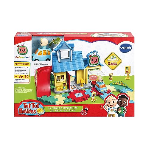 VTech – Tut Tut Bolides CoComelon, la casa de sorpresas de Jay Jay con coche de canciones, circuito de coches infantiles, 3 zonas mágicas, regalo para niños y niñas de 18 meses a 5 años – Contenido en