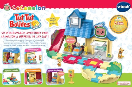 VTech – Tut Tut Bolides CoComelon, la casa de sorpresas de Jay Jay con coche de canciones, circuito de coches infantiles, 3 zonas mágicas, regalo para niños y niñas de 18 meses a 5 años – Contenido en