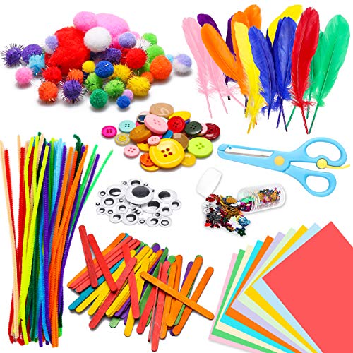 WATINC 800 piezas DIY Art Craft Kits Kids Moderno Kids IQ Design Juguetes Crafting oído Pipe Cleaners, Wiggle Googl Eyes, Pompones Glitter Pom Pomps, Botones, Lentejuelas Party Supplies para niños