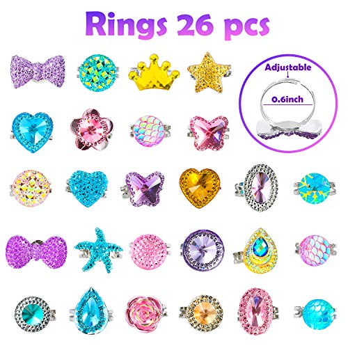 WATINC - Juego de joyas de fantasía de princesa sirena de 62 piezas para niñas pequeñas, incluye collares, anillos, pendientes, pulseras, bolso de lentejuelas para fiesta de disfraces de princesas