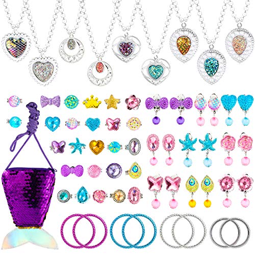 WATINC - Juego de joyas de fantasía de princesa sirena de 62 piezas para niñas pequeñas, incluye collares, anillos, pendientes, pulseras, bolso de lentejuelas para fiesta de disfraces de princesas