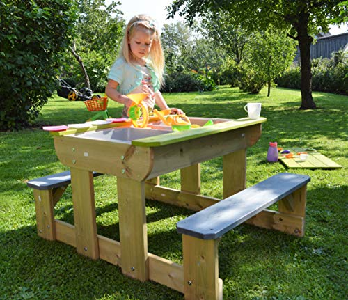 Wendi Toys T2 | Arena y Agua Picnic Mesa con Madera Bancos | Niños Mesa de Juegos con 2 plástico bandejas para Arena y Agua y Tapa | Juego para Niños | Seguro y Portátil | Fomenta el Juego Creativo