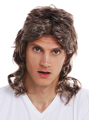 WIG ME UP- 31915-FRT34-66 Peluca Halloween Carnaval Hombres Mullet farru Pelo Ondulado Rizado los 80 castaño mechones rubios hasta los Hombros