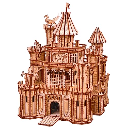 Wood Trick Dragon Castle Moveable Wooden Puzzle 3D para adultos y niños para construir - Red LED - Greensleeves Melody - Torres Rotating - Ingeniería DIY Proyecto Mecánico Modelos Kits para Adults