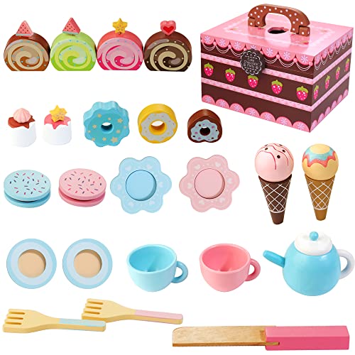 WOODMAM Juego de té de juguete de madera 30 piezas Juego de comida Princesa Juguetes para la hora del té Incluye postre, pasteles, juguetes de fiesta de té para niñas y niños de 3 años en adelante