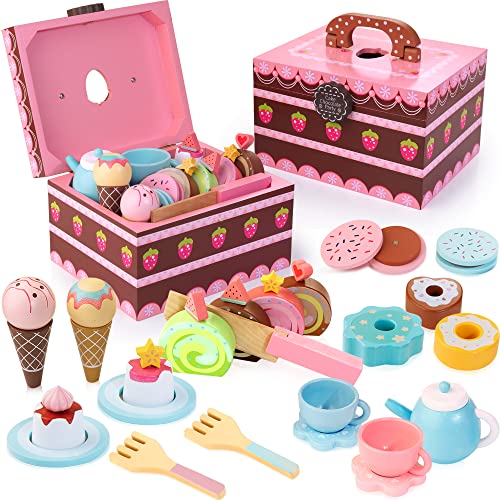 WOODMAM Juego de té de juguete de madera 30 piezas Juego de comida Princesa Juguetes para la hora del té Incluye postre, pasteles, juguetes de fiesta de té para niñas y niños de 3 años en adelante