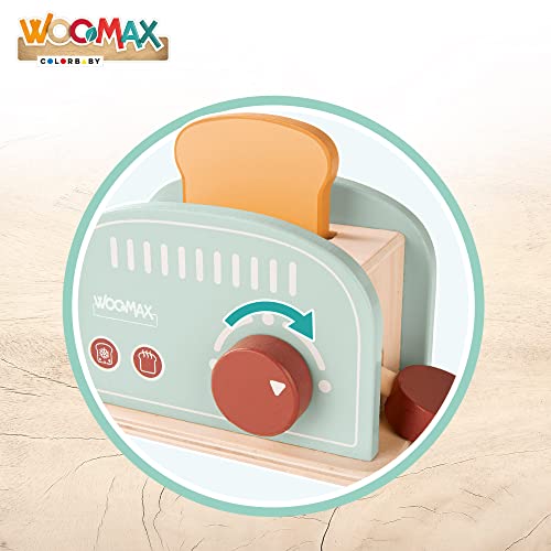 WOOMAX 49546 - Tostadora de juguete de madera para niños con accesorios / Incluye 2 tostadas, 1 huevo frito, 1 trozo de mantequilla, 1 cuchillo y 1 plato / Accesorios de cocina para niños y niñas