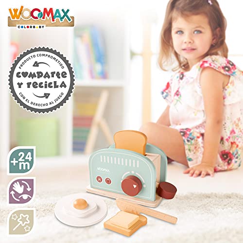 WOOMAX 49546 - Tostadora de juguete de madera para niños con accesorios / Incluye 2 tostadas, 1 huevo frito, 1 trozo de mantequilla, 1 cuchillo y 1 plato / Accesorios de cocina para niños y niñas