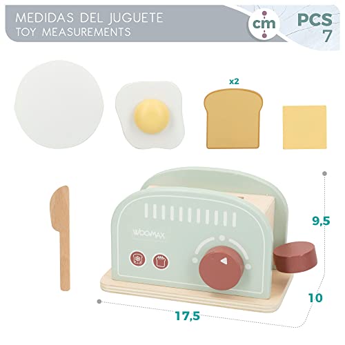 WOOMAX 49546 - Tostadora de juguete de madera para niños con accesorios / Incluye 2 tostadas, 1 huevo frito, 1 trozo de mantequilla, 1 cuchillo y 1 plato / Accesorios de cocina para niños y niñas