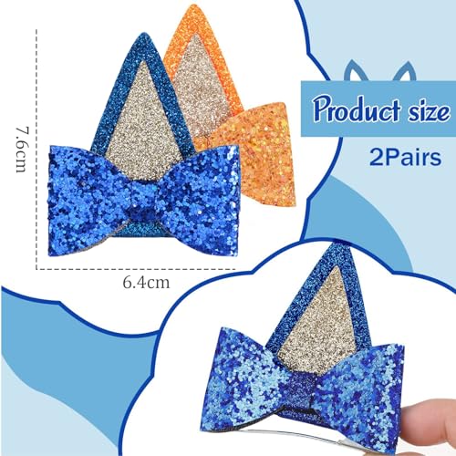 WOOXDYUK 2 clips para orejas de gato con lazo de lentejuelas, decoraciones de fiesta, orejas, lazos para el pelo para niños, niños y niñas, accesorios de Halloween (azul, naranja), multicolor, L