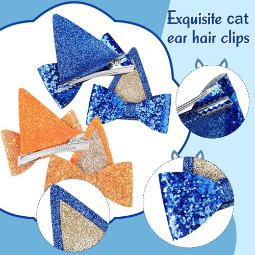 WOOXDYUK 2 clips para orejas de gato con lazo de lentejuelas, decoraciones de fiesta, orejas, lazos para el pelo para niños, niños y niñas, accesorios de Halloween (azul, naranja), multicolor, L