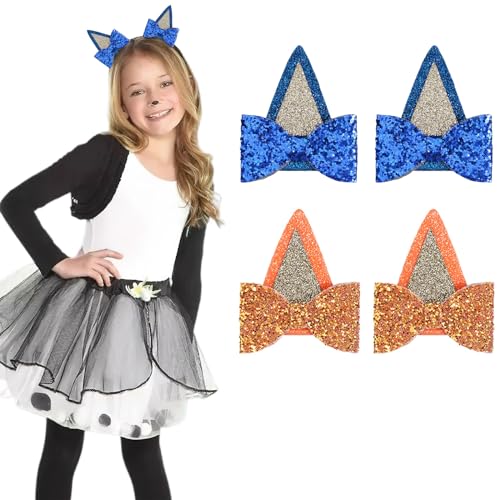 WOOXDYUK 2 clips para orejas de gato con lazo de lentejuelas, decoraciones de fiesta, orejas, lazos para el pelo para niños, niños y niñas, accesorios de Halloween (azul, naranja), multicolor, L