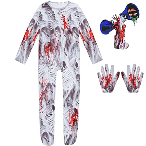 WOUND Disfraz de Siren Head SCP, SCP-6789 Trajes Tipo Mono con Estampado 3D, Juego de Terror SCP Foundation Ropa Disfraz Body con Máscara, para niños de 3 a 15 años,Blanco,140