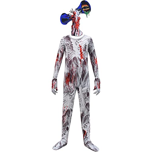 WOUND Disfraz de Siren Head SCP, SCP-6789 Trajes Tipo Mono con Estampado 3D, Juego de Terror SCP Foundation Ropa Disfraz Body con Máscara, para niños de 3 a 15 años,Blanco,140