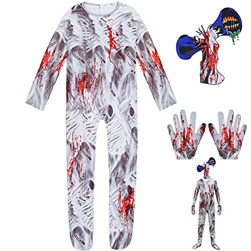 WOUND Disfraz de Siren Head SCP, SCP-6789 Trajes Tipo Mono con Estampado 3D, Juego de Terror SCP Foundation Ropa Disfraz Body con Máscara, para niños de 3 a 15 años,Blanco,140