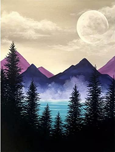 WOWDECOR Kits de pintura por números para adultos y niños, pintura al óleo – árboles del bosque, montaña, luna, 16 x 20 pulgadas (sin marco)