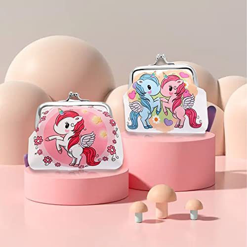 WUBAYI 2 monederos de unicornio – bolsas de monedas de cuero sintético portátil con cierre de cierre de beso, lindo unicornio Rainbow Goodie bolsa para niñas y niños regalos de fiesta de cumpleaños