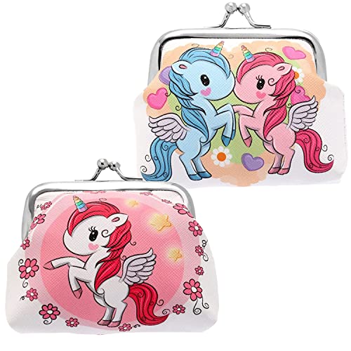 WUBAYI 2 monederos de unicornio – bolsas de monedas de cuero sintético portátil con cierre de cierre de beso, lindo unicornio Rainbow Goodie bolsa para niñas y niños regalos de fiesta de cumpleaños