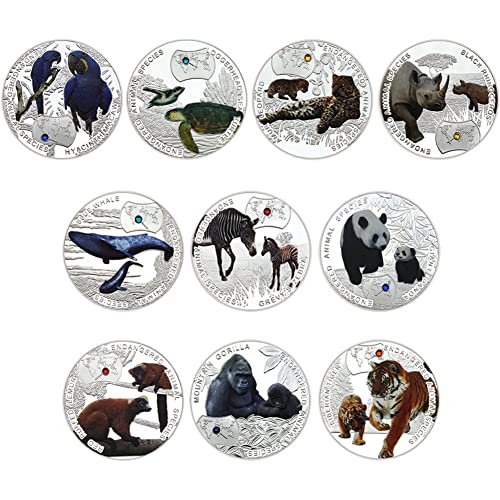 Wudaizhi Africa Animal Coin Set 10pcs Monedas De Animales En Peligro De Extinción De África con Monedas De Metal Chapadas En Plata De Diamante para Regalos De Año Nuevo De Navidad