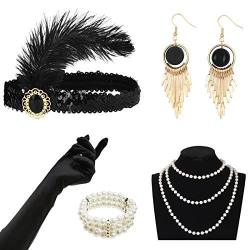 WuikerDuo Juego de Accesorios de los Años 20,Accesorios de Charlestón para Años 20 Fiesta Disfraz con Diadema,Collar,Pulsera,Pendientes,Guantes Negros Largos