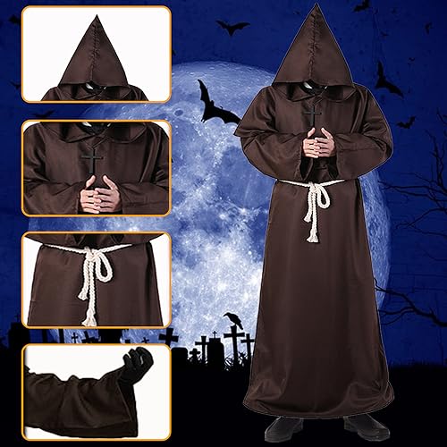 XCMVCN Disfraz Monje, Túnica Medieval Renacentista, Halloween Túnica de Monje Capucha para Hombre, Halloween carnaval y trajes de rol (Marrón, XL)