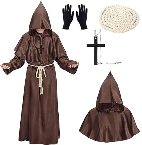 XCMVCN Disfraz Monje, Túnica Medieval Renacentista, Halloween Túnica de Monje Capucha para Hombre, Halloween carnaval y trajes de rol (Marrón, XL)